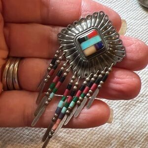 Stamped Sterling Southwest inlay QT Heishi pendant turquoise coral onyx